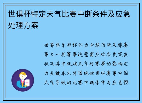 世俱杯特定天气比赛中断条件及应急处理方案